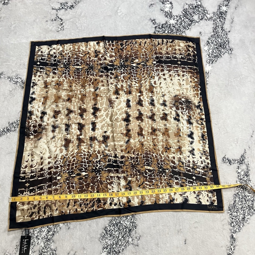 Nicole Miller‎ Silk Scarf Brown Animal Print Square Satin NWT Luxury Wrap - Picture 7 of 14
